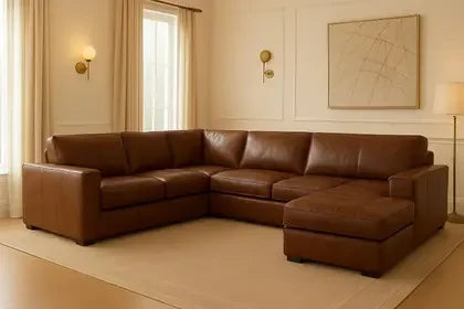 Sofá De Couro Marrom Canto Gênova Master Linha Alta 6 Lugares com Chaise Premium Molas Ensacadas - Magna Estofados