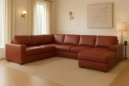 Sofá De Couro Bordô Canto Gênova Master Linha Alta 6 Lugares com Chaise Premium Molas Ensacadas - Magna Estofados