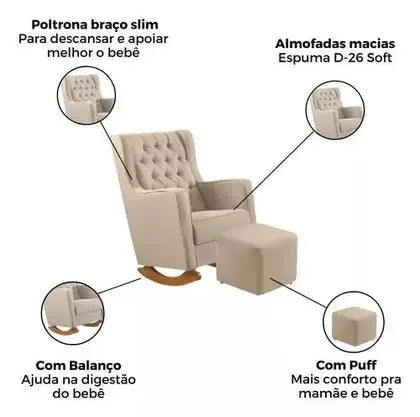 Poltrona Amamentação Balanço Com Puff Versão Premium Itália - Magna Estofados